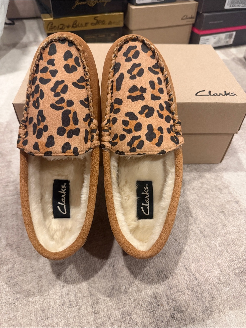 Clarks Women’s Leopard Print Faux-Fur Lined Moccasins - Tan and Black
